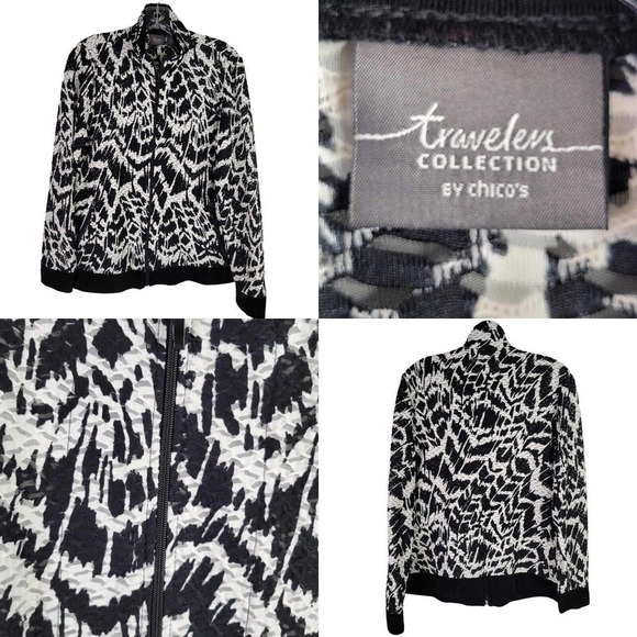 Chicos Travelers Womens Jacket Top Size 1 Medium Black White Full Zip - Picture 1 of 10
